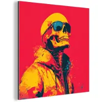 MuchoWow Aluminium schilderij 20x20 cm - Wanddecoratie metaal - Zonnebril - Schedel - Jas - Rood - Metalen muurdecoratie woonkamer - Decoratie industrieel - Foto op dibond - Industriële accessoires slaapkamer