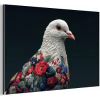 MuchoWow Aluminium schilderij 60x40 cm - Wanddecoratie metaal - Duif - Bloemen - Wit - Zwart - Metalen muurdecoratie woonkamer - Decoratie industrieel - Foto op dibond - Industriële accessoires slaapkamer