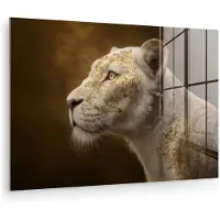 MuchoWow Glasschilderij 30x20 cm - Schilderij acrylglas - Leeuwin - Bloemen - Wit - Goud - Foto op glas - Muurdecoratie woonkamer - Wanddecoratie slaapkamer - Schilderijen
