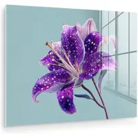MuchoWow Glasschilderij 120x90 cm - Schilderij acrylglas - Lelie - Bloem - Paars - Stippen - Foto op glas - Muurdecoratie woonkamer - Wanddecoratie slaapkamer - Schilderijen