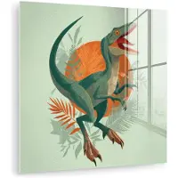 MuchoWow Glasschilderij 20x20 cm - Schilderij acrylglas - Dino - Bladeren - Grafisch - Groen - Foto op glas - Muurdecoratie woonkamer - Wanddecoratie slaapkamer - Schilderijen