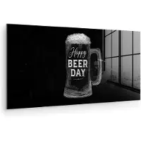 MuchoWow Glasschilderij 160x80 cm - Schilderij acrylglas - Bierpul - Witte krijtletters - Happy beer day - Foto op glas - Muurdecoratie woonkamer - Wanddecoratie slaapkamer - Schilderijen