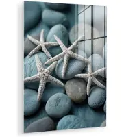 MuchoWow Glasschilderij 60x80 cm - Schilderij acrylglas - Zeesterren - Stenen - Wit - Foto op glas - Muurdecoratie woonkamer - Wanddecoratie slaapkamer - Schilderijen