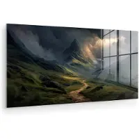 MuchoWow Glasschilderij 120x60 cm - Schilderij acrylglas - Bergen - Kronkelpad - Groen - Wolken - Foto op glas - Muurdecoratie woonkamer - Wanddecoratie slaapkamer - Schilderijen