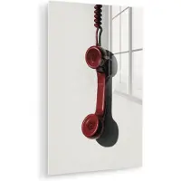 MuchoWow Glasschilderij 80x120 cm - Schilderij acrylglas - Telefoon - Koord - Rood - Minimalistisch - Foto op glas - Muurdecoratie woonkamer - Wanddecoratie slaapkamer - Schilderijen