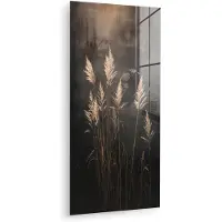 MuchoWow Glasschilderij 20x40 cm - Schilderij acrylglas - Siergras - Pluimen - Verlichting - Zwart - Foto op glas - Muurdecoratie woonkamer - Wanddecoratie slaapkamer - Schilderijen