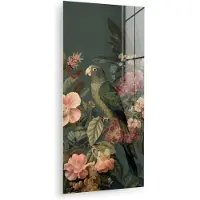 MuchoWow Glasschilderij 20x40 cm - Schilderij acrylglas - Groene papegaai - Kleurrijke bloemen - Donkere achtergrond - Foto op glas - Muurdecoratie woonkamer - Wanddecoratie slaapkamer - Schilderijen