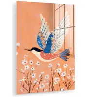 MuchoWow Glasschilderij 90x120 cm - Schilderij acrylglas - Vogel - Bloesemtakken - Warm - Kleurrijk - Foto op glas - Muurdecoratie woonkamer - Wanddecoratie slaapkamer - Schilderijen