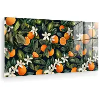 MuchoWow Glasschilderij 80x40 cm - Schilderij acrylglas - Sinaasappels - Bloesems - Bladeren - Tropisch - Foto op glas - Muurdecoratie woonkamer - Wanddecoratie slaapkamer - Schilderijen