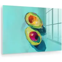 MuchoWow Glasschilderij 90x60 cm - Schilderij acrylglas - Avocado - Groen - Pit - Schaduw - Foto op glas - Muurdecoratie woonkamer - Wanddecoratie slaapkamer - Schilderijen