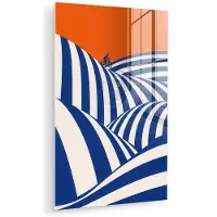 MuchoWow Glasschilderij 40x60 cm - Schilderij acrylglas - Fietser - Heuvels - Strepen - Blauw - Foto op glas - Muurdecoratie woonkamer - Wanddecoratie slaapkamer - Schilderijen