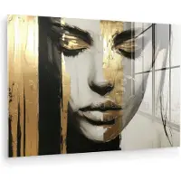 MuchoWow Glasschilderij 30x20 cm - Schilderij acrylglas - Ogen - Gezicht - Goud - Strepen - Foto op glas - Muurdecoratie woonkamer - Wanddecoratie slaapkamer - Schilderijen