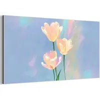 MuchoWow Aluminium schilderij 80x40 cm - Wanddecoratie metaal - Tulpen - Roze accenten - Blauw - Metalen muurdecoratie woonkamer - Decoratie industrieel - Foto op dibond - Industriële accessoires slaapkamer