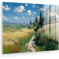 MuchoWow Glasschilderij 40x30 cm - Schilderij acrylglas - Zandpad - Huis - Bomen - Grasveld - Foto op glas - Muurdecoratie woonkamer - Wanddecoratie slaapkamer - Schilderijen