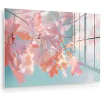 MuchoWow Glasschilderij 30x20 cm - Schilderij acrylglas - Eikenbladeren - Takken - Roze - Foto op glas - Muurdecoratie woonkamer - Wanddecoratie slaapkamer - Schilderijen
