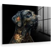 MuchoWow Glasschilderij 90x60 cm - Schilderij acrylglas - Hond - Zwart - Bloemen - Foto op glas - Muurdecoratie woonkamer - Wanddecoratie slaapkamer - Schilderijen