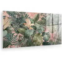 MuchoWow Glasschilderij 40x20 cm - Schilderij acrylglas - Compositie van bladeren - Groen - Roze - Foto op glas - Muurdecoratie woonkamer - Wanddecoratie slaapkamer - Schilderijen
