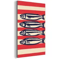 MuchoWow Aluminium schilderij 40x60 cm - Wanddecoratie metaal - Sardines - Rood en beige strepen - Metalen muurdecoratie woonkamer - Decoratie industrieel - Foto op dibond - Industriële accessoires slaapkamer
