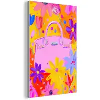 MuchoWow Aluminium schilderij 20x30 cm - Wanddecoratie metaal - Tas - Roze - Bloemen - Metalen muurdecoratie woonkamer - Decoratie industrieel - Foto op dibond - Industriële accessoires slaapkamer