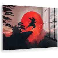 MuchoWow Glasschilderij 150x100 cm - Schilderij acrylglas - Zon - Krijger - Bomen - Bergen - Foto op glas - Muurdecoratie woonkamer - Wanddecoratie slaapkamer - Schilderijen