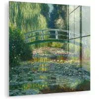 MuchoWow Glasschilderij 50x50 cm - Schilderij acrylglas - Brug - Hout - Vijver - Waterlelies - Foto op glas - Muurdecoratie woonkamer - Wanddecoratie slaapkamer - Schilderijen
