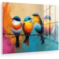 MuchoWow Glasschilderij 120x90 cm - Schilderij acrylglas - Vogels - Kleurrijk - Tak - Abstract - Foto op glas - Muurdecoratie woonkamer - Wanddecoratie slaapkamer - Schilderijen