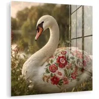 MuchoWow Glasschilderij 20x20 cm - Schilderij acrylglas - Zwaan - Bloemen - Natuur - Foto op glas - Muurdecoratie woonkamer - Wanddecoratie slaapkamer - Schilderijen