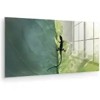 MuchoWow Glasschilderij 160x80 cm - Schilderij acrylglas - Hagedis - Blad - Nerven - Groen - Foto op glas - Muurdecoratie woonkamer - Wanddecoratie slaapkamer - Schilderijen