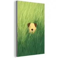 MuchoWow Aluminium schilderij 20x30 cm - Wanddecoratie metaal - Hondje - Gras - Oren - Bruin - Metalen muurdecoratie woonkamer - Decoratie industrieel - Foto op dibond - Industriële accessoires slaapkamer