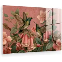 MuchoWow Glasschilderij 60x40 cm - Schilderij acrylglas - Kolibries - Bloemen - Groen - Roze - Foto op glas - Muurdecoratie woonkamer - Wanddecoratie slaapkamer - Schilderijen