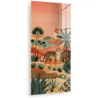MuchoWow Glasschilderij 40x80 cm - Schilderij acrylglas - Tijger - Kleurrijk - Palmen - Cactus - Foto op glas - Muurdecoratie woonkamer - Wanddecoratie slaapkamer - Schilderijen