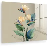 MuchoWow Glasschilderij 80x60 cm - Schilderij acrylglas - Paradijsvogelbloemen - Blauwgroene bladeren - Beige - Foto op glas - Muurdecoratie woonkamer - Wanddecoratie slaapkamer - Schilderijen