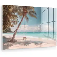 MuchoWow Glasschilderij 60x40 cm - Schilderij acrylglas - Palmboom - Schommel - Strand - Lucht - Foto op glas - Muurdecoratie woonkamer - Wanddecoratie slaapkamer - Schilderijen