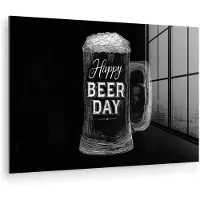 MuchoWow Glasschilderij 120x80 cm - Schilderij acrylglas - Bierpul - Witte krijtletters - Happy beer day - Foto op glas - Muurdecoratie woonkamer - Wanddecoratie slaapkamer - Schilderijen
