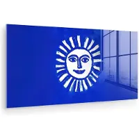 MuchoWow Glasschilderij 40x20 cm - Schilderij acrylglas - Zon - Gezicht - Penseelstructuur - Blauw - Foto op glas - Muurdecoratie woonkamer - Wanddecoratie slaapkamer - Schilderijen