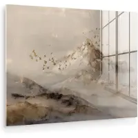 MuchoWow Glasschilderij 40x30 cm - Schilderij acrylglas - Berglandschap - Mist - Penseelstreken - Foto op glas - Muurdecoratie woonkamer - Wanddecoratie slaapkamer - Schilderijen