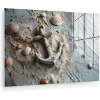 MuchoWow Glasschilderij 120x80 cm - Schilderij acrylglas - Anker - Hout - Schelpen - Zand - Foto op glas - Muurdecoratie woonkamer - Wanddecoratie slaapkamer - Schilderijen