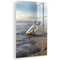 MuchoWow Glasschilderij 60x90 cm - Schilderij acrylglas - Glazenfles - Post - Zee - Zand - Foto op glas - Muurdecoratie woonkamer - Wanddecoratie slaapkamer - Schilderijen