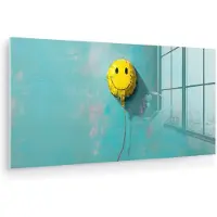 MuchoWow Glasschilderij 80x40 cm - Schilderij acrylglas - Ballon - Geel - Smiley - Foto op glas - Muurdecoratie woonkamer - Wanddecoratie slaapkamer - Schilderijen
