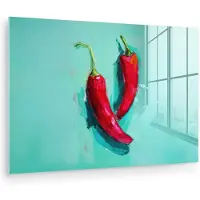 MuchoWow Glasschilderij 60x40 cm - Schilderij acrylglas - Chilipepers - Geverfd - Rood - Foto op glas - Muurdecoratie woonkamer - Wanddecoratie slaapkamer - Schilderijen