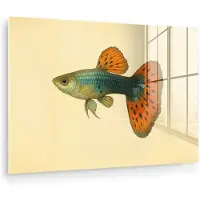 MuchoWow Glasschilderij 60x40 cm - Schilderij acrylglas - Vis - illustratie - Stippen - Oranje - Foto op glas - Muurdecoratie woonkamer - Wanddecoratie slaapkamer - Schilderijen