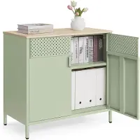 Songmics Metalen opbergkast met dubbele deur en verstelbare plank, Lauriergroen + Natuurlijke Eik / 40 x 80 x 76 cm