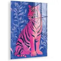 MuchoWow Glasschilderij 120x160 cm - Schilderij acrylglas - Tijger - Roze - Bladeren - Jungle - Foto op glas - Muurdecoratie woonkamer - Wanddecoratie slaapkamer - Schilderijen