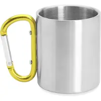 Roly RVS mok model Guaya met gekleurde karabijnhaak als handvat- Geel - 230 ML - Beker zonder deksel - kan aan rugzak gehangen worden - Reizen - Thee - Koffie. Geschikt voor laser