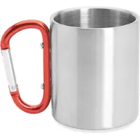 Roly RVS mok model Guaya met gekleurde karabijnhaak als handvat- Rood - 230 ML - Beker zonder deksel - kan aan rugzak gehangen worden - Reizen - Thee - Koffie. Geschikt voor laser