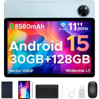 Doogee Tab A9 Pro+ Android 15-tablet met toetsenbord 11-inch scherm + 90 Hz verversingssnelheid 6 GB RAM + 128 GB opslagruimte 8580 mAh-batterij Octa-Core T7200-processor 13 MP-camera,Blauw