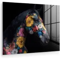 MuchoWow Glasschilderij 160x120 cm - Schilderij acrylglas - Paard - Bloemen - Zwart - Foto op glas - Muurdecoratie woonkamer - Wanddecoratie slaapkamer - Schilderijen