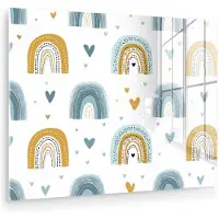 MuchoWow Glasschilderij 160x120 cm - Schilderij acrylglas - Patroon - Regenboog - Hartjes - Foto op glas - Muurdecoratie woonkamer - Wanddecoratie slaapkamer - Schilderijen