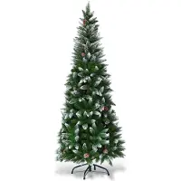 Costway 180cm/220cm Kunstmatige potlood kerstboom met dennenappels, besneeuwde kerstboom met metalen standaard, kerstboom PVC naalden, kunstkerstboom vouwsysteem (180cm)