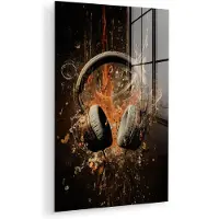 MuchoWow Glasschilderij 120x180 cm - Schilderij acrylglas - Koptelefoon - Bruin - Dynamische penseelstreken - Foto op glas - Muurdecoratie woonkamer - Wanddecoratie slaapkamer - Schilderijen